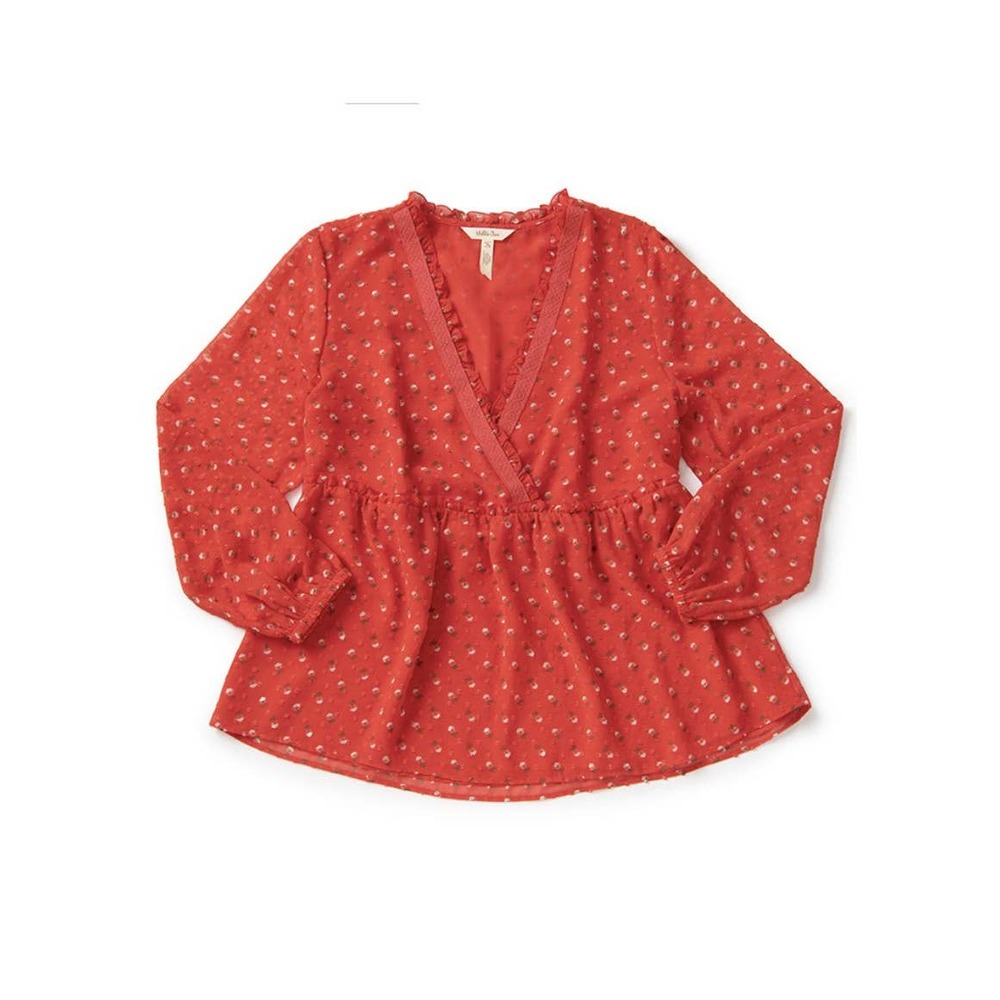 Matilda Jane Must Be Love Floral Blouse Size Medium Red Ruffles Swiss Dot